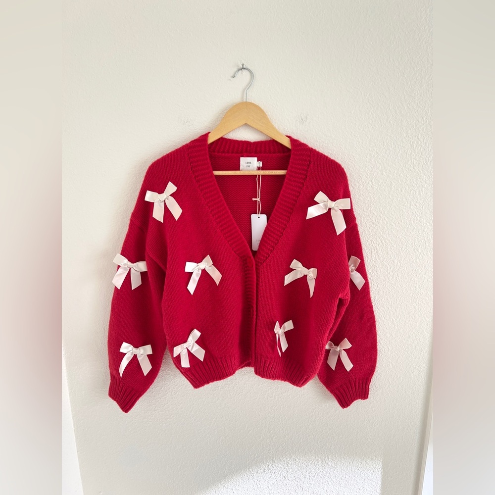 NEW LUNA IVY red + white bow cardigan sweater / size S